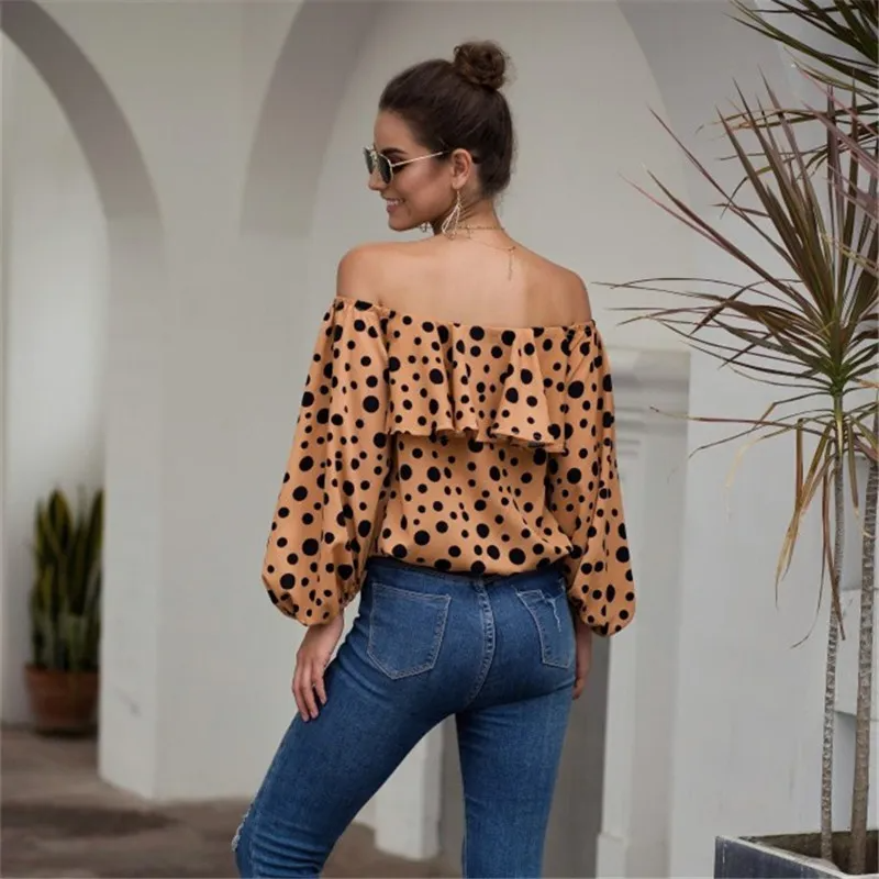 Women Fashion Polka Dot Printed Off-The-Shoulder Puff Sleeve Ruffle Blouse