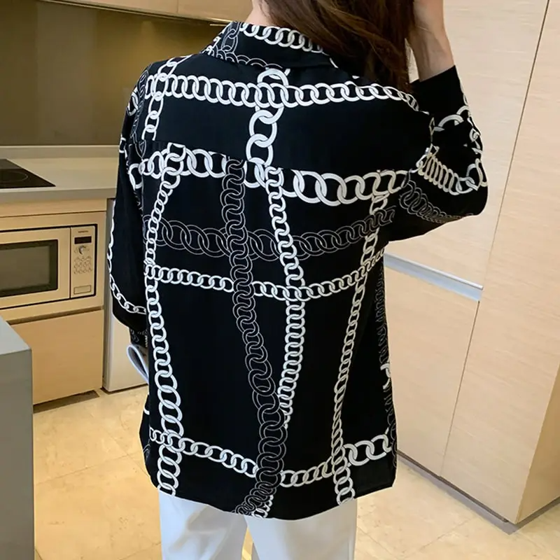 Women Fashion Graphic Printed Lapel Blouse