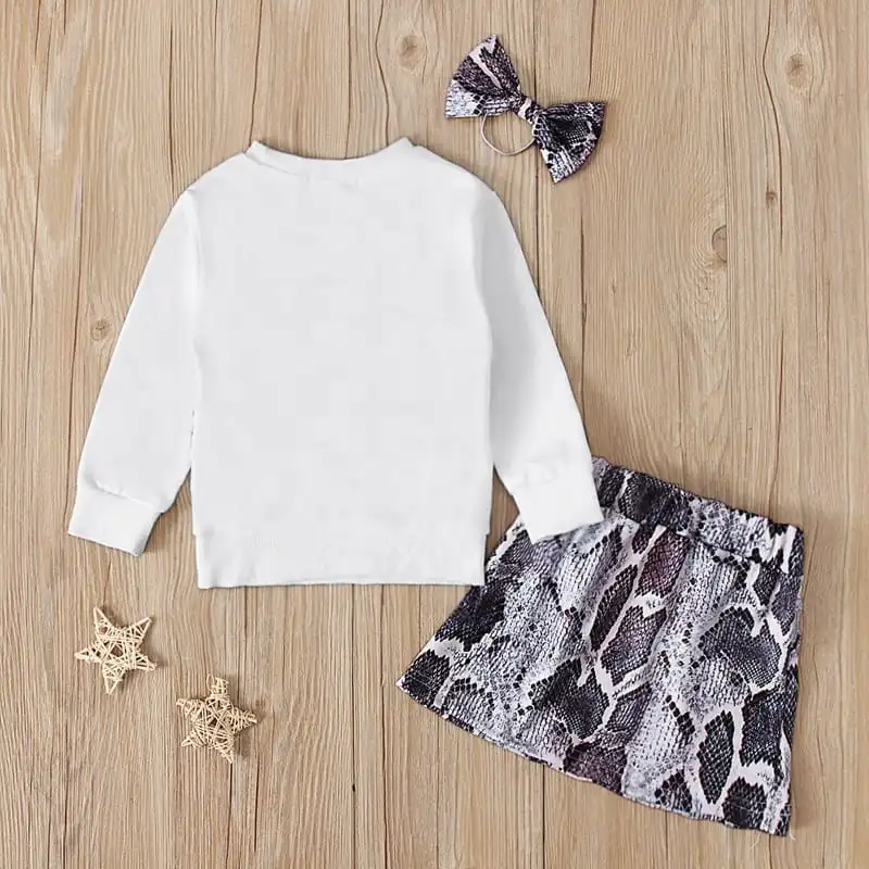 Girls Long-Sleeves Snakeskin Grain Sweatshirt And Skirt With Headband