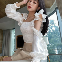 Women Fashion Cool Shoulder Ruffled Stretchy Blouse