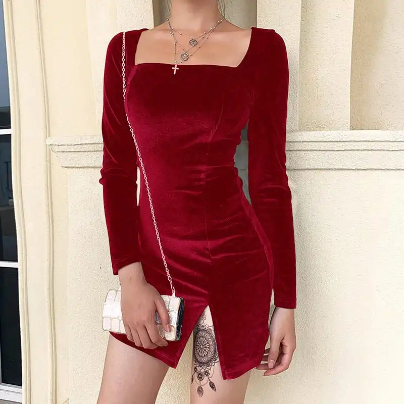 Women Fashion Solid Color Square Neck Pleuche Dress