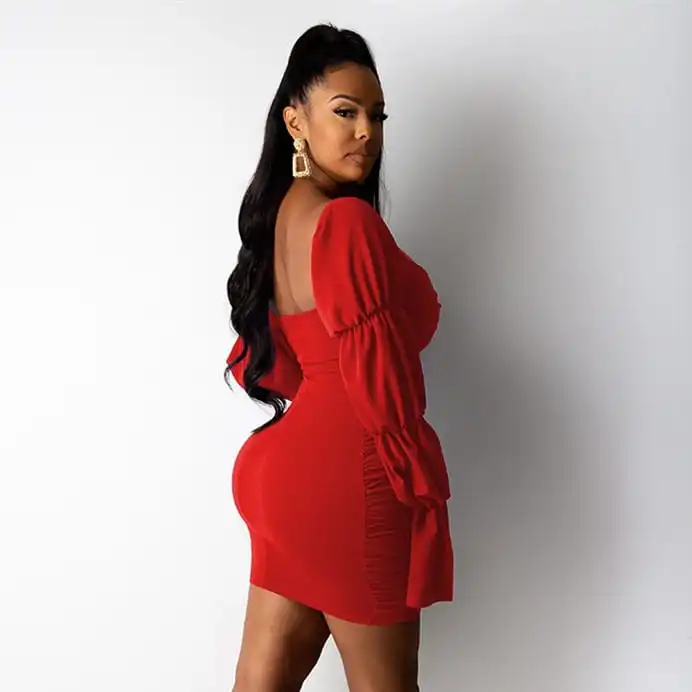 Women Fashion Solid Color Flare Sleeve Crease Dress
