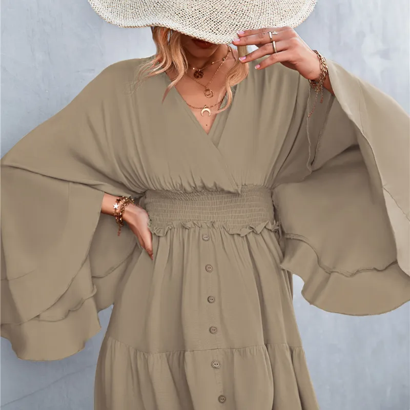 Women Basic Elegant V Neck Summer Irregular Backless Solid Color Loose Dress