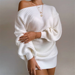 Winter Women Casual Solid Color Long Sleeve Knitted Mini Dress