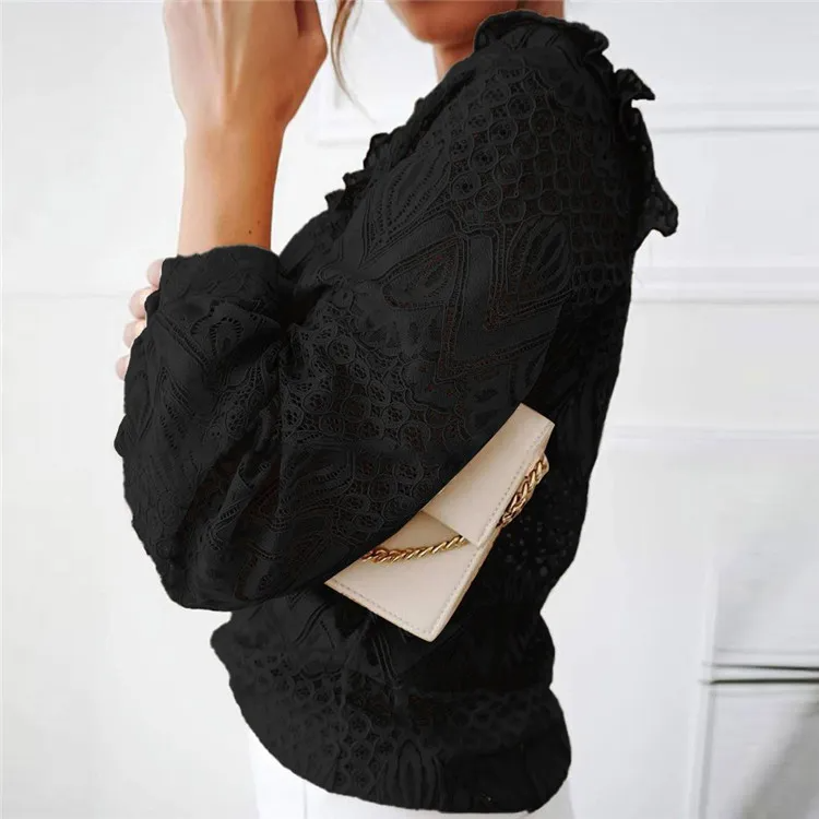 Women Chic Mock Neck Lace Patchwork Ruffle Blouse