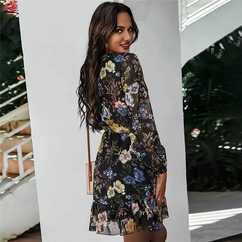 Women Fashion Flower Printed V Neck Wrap Dress