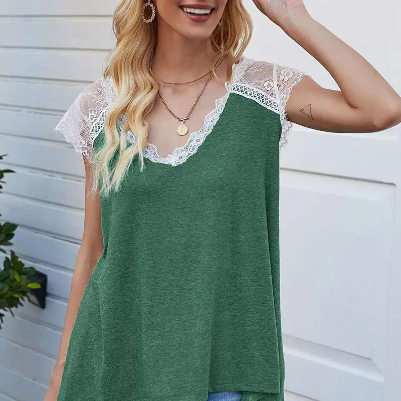 Women V-Neck Short-Sleeve Lace Patchwork Loose Blouse