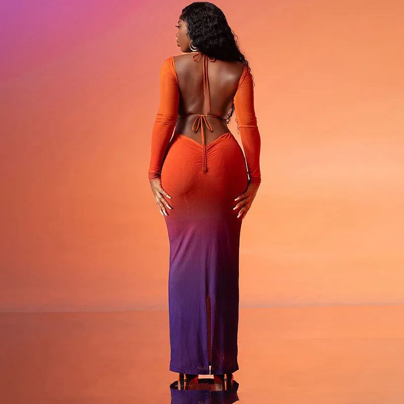 Gradient Print Strap Long Sleeve Backless Maxi Dress