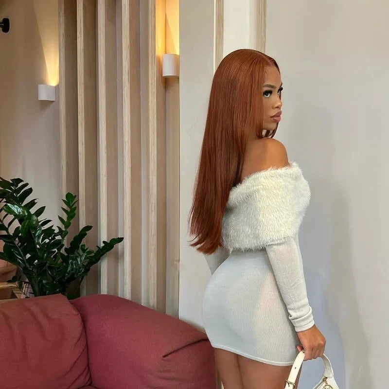 Off Shoulder Plush Long Sleeve Mini Dress