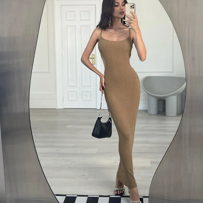 Knitted Slim Fit Cut Out Maxi Strap Dress