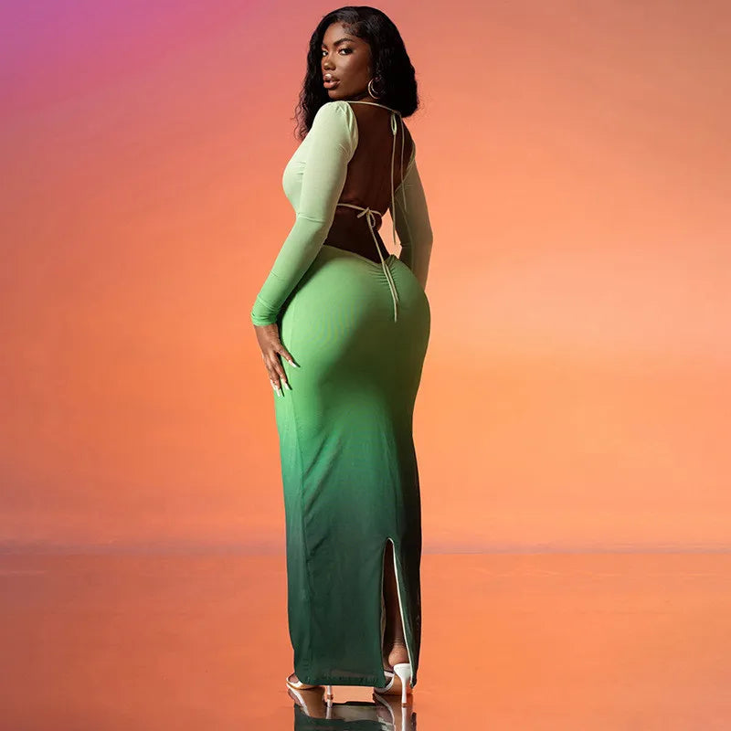 Gradient Print Strap Long Sleeve Backless Maxi Dress